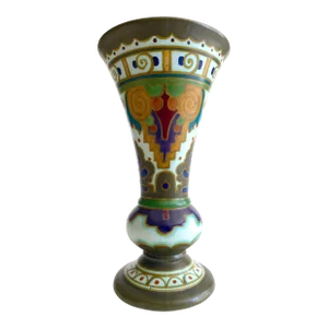 Vintage 1920's Gouda Holland Art Nouveau Hand Painted Dutch Art Pottery Trumpet Vase