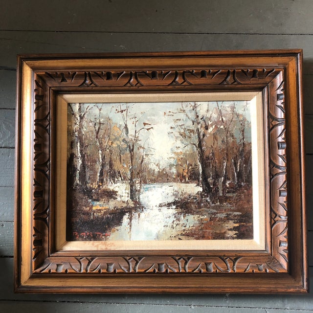 Brown Original Vintage Signed Barton Impressionist Snow Scene Landscape Painting Original Mid Century Frame For Sale - Image 8 of 8