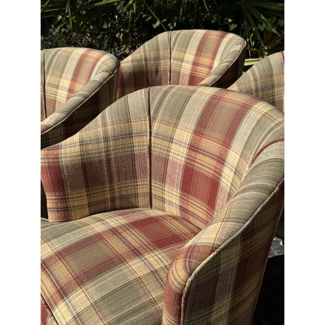 Set of 4 Vintage Plaid Upholstered Game Table Chairs | Campaign-Style Club Chairs For Sale - Image 4 of 8
