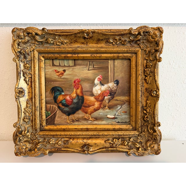 Paint Vintage Signed Rooster and Chickens Oil Painting Farmyard Hen Scene, Gold Frame For Sale - Image 7 of 12