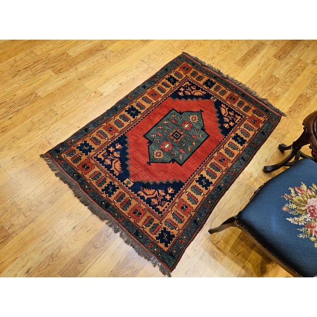 Vintage Kurdish Tribal Area Rug, Handwoven Wool, Red Medallion Design, 4' x 5' For Sale In Chicago - Image 6 of 18