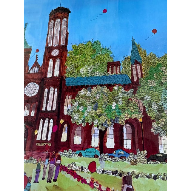 Large Framed Colorful Illustrated Artwork of Smithsonian by Susan Pear Meisel, 1970s For Sale - Image 9 of 12