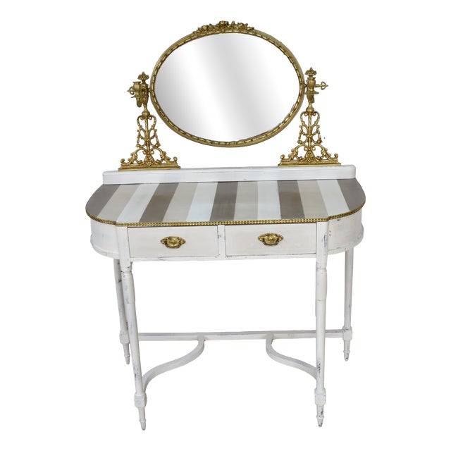 Louis XVI French Dressing Table with Gilt Oval Mirror, 1960s For Sale