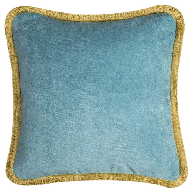 Contemporary Happy Pillow in Blue and Yellow from Lo Decor For Sale - Image 3 of 3