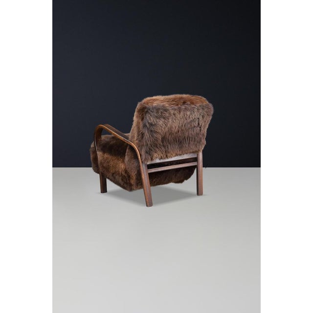 Mid-Century Czech Bentwood and Sheepskin Chair attributed to Kozelka Kropacek, 1940s For Sale - Image 4 of 12