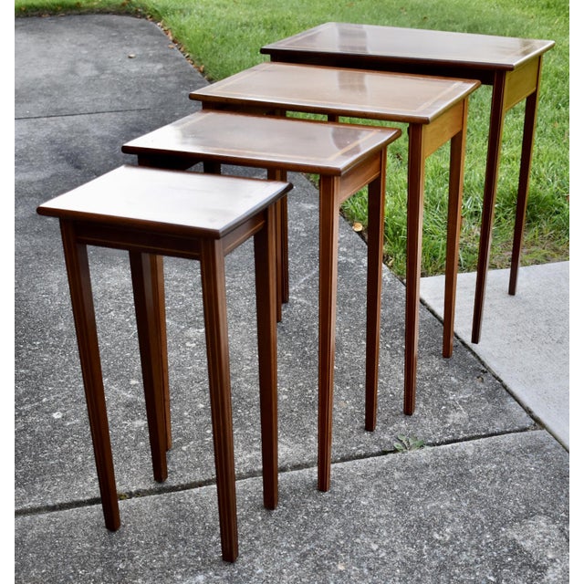 Inlaid Mahogany Nesting Tables Vintage Set of 4 Stacking Tables For Sale - Image 9 of 18