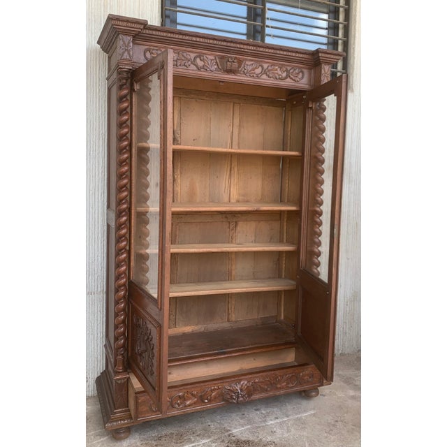 Antique French Carved Oak Vitrine Cabinet Bookcase Barley Twist Renaissance For Sale - Image 18 of 18