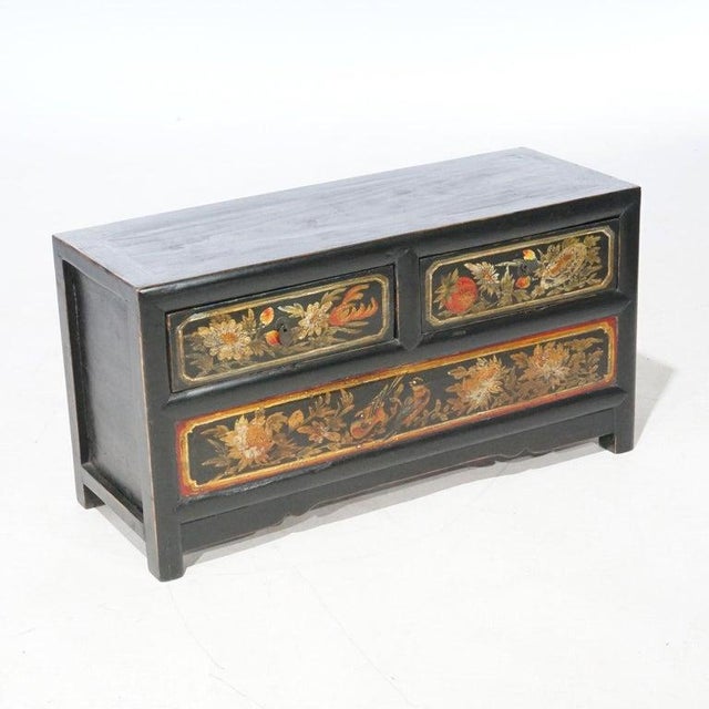 Wood Chinese Polychrome Hand Painted Low Chest With Garden Birds & Fruit 20thC For Sale - Image 7 of 8