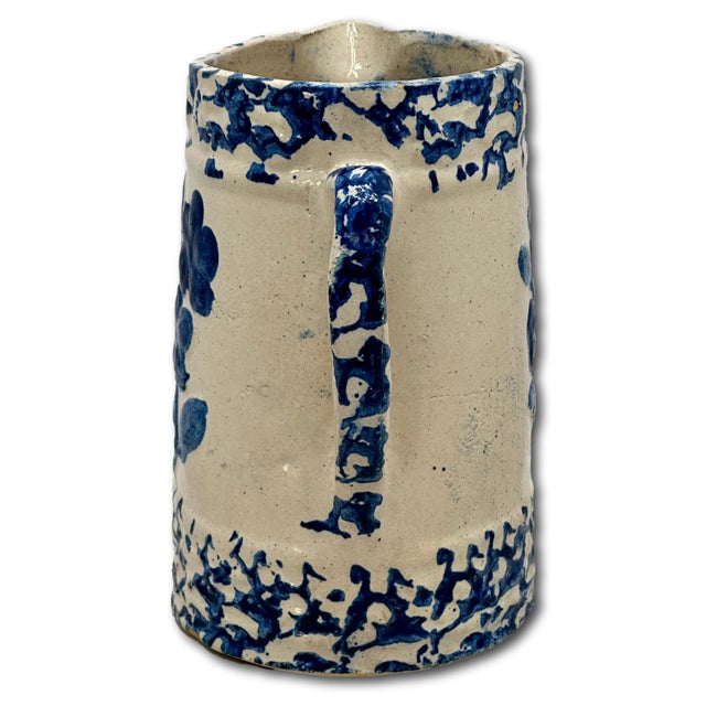 American Unusual Antique American Blue Spongeware & Flower Decorated Stoneware Milk Pitcher Circa Late 19th Century For Sale - Image 3 of 18