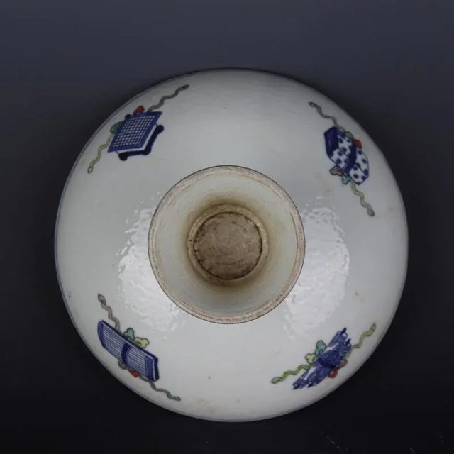 Chinese Vintage Ceramic Stem Bowl,Ming Dynasty Jiajing Marked Blue and White Famille Verte Porcelain Stem Bowl Hand Painted Kylin Phoenix Pattern For Sale - Image 4 of 9