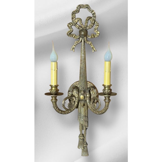 1900 Ribbon and Tassel Brass Sconces - a Pair For Sale - Image 9 of 9