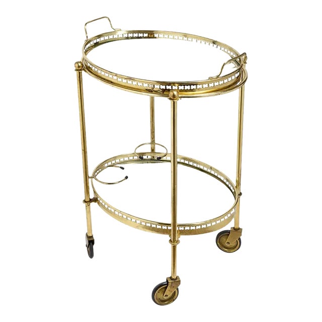 Brass Two-Tier Bar Cart on Wheels, Attributed to Maison Jansen For Sale
