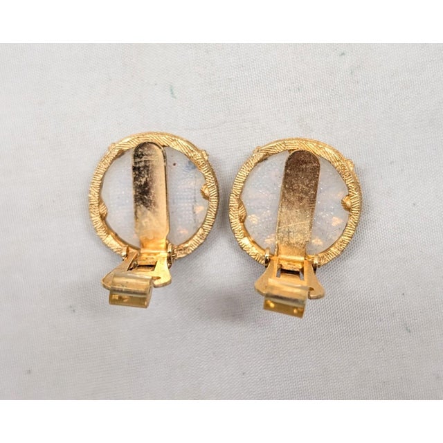 1960s Vintage 1960s Signed Hobe Round Goldtone Iridescent Rhinestone Clip Earrings-2 Pieces For Sale - Image 5 of 7