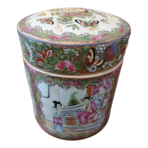 1950s Vintage Signed Chinese Porcelain Covered Cylinder Box