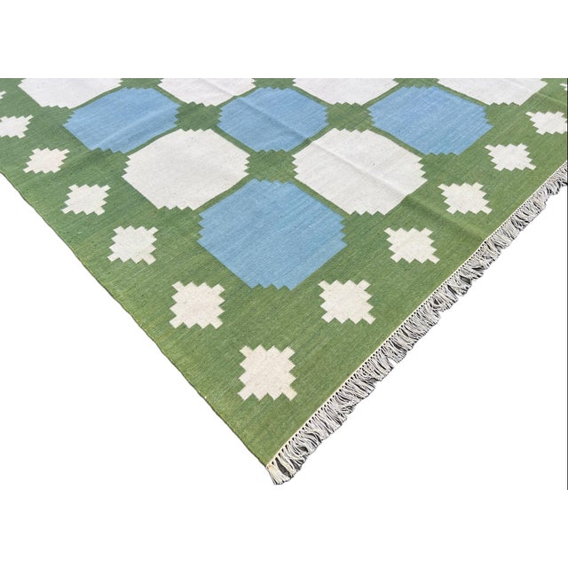Not Yet Made - Made To Order Handmade Woolen Rug, Sky Blue With Cream and Moss Green Border Tile Dhurrie - 10'x14' For Sale - Image 5 of 11