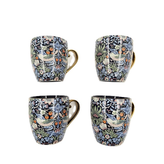 English Morris & Co. Porcelain Mug With Classic Strawberry Thief Motif and Gold Handles - Set of 4 For Sale - Image 3 of 8