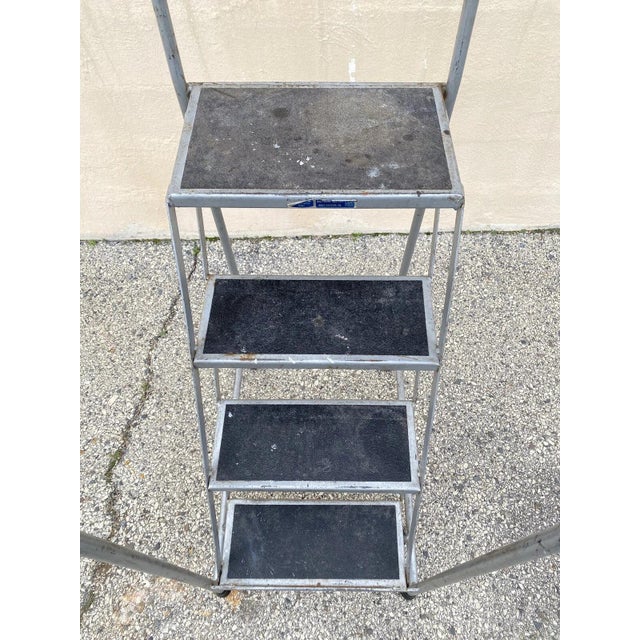 Vintage Ballymore Warehouse Garage 4 Step Metal Rolling Safety Ladder W/ Rails For Sale - Image 4 of 10