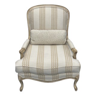 Taylor King Bergère Armchair With Carved Wood Palm Motif Back – Neutral Coastal Upholstery For Sale