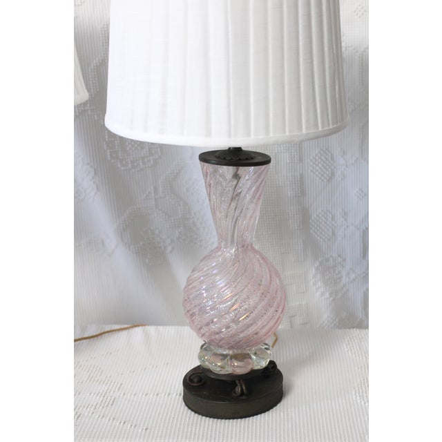 1950s Barovier Toso Murano Glass Lamp Pair With Pleated White Shades For Sale - Image 6 of 18