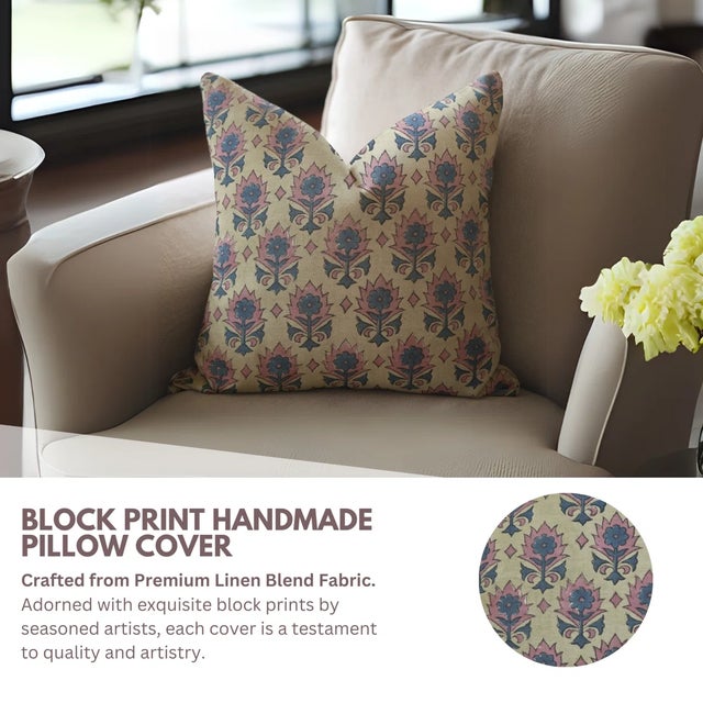 Introducing our elegant collection of Lumbar block print "Kusum" Pattern Pillow Covers, crafted from sustainable " Linen...