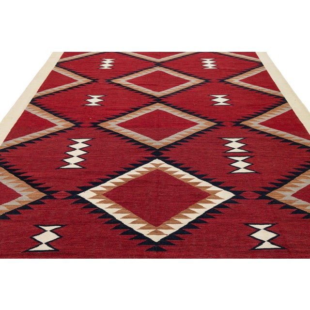 9x12 Modern Navajo Style Geometric Area Rug Handmade Red & Cream Wool Flatweave For Sale - Image 10 of 11