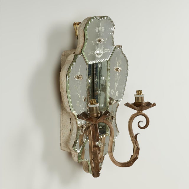 Art Deco Antique Pair of Italian Mirrored Two Light Wall Sconces For Sale - Image 3 of 12
