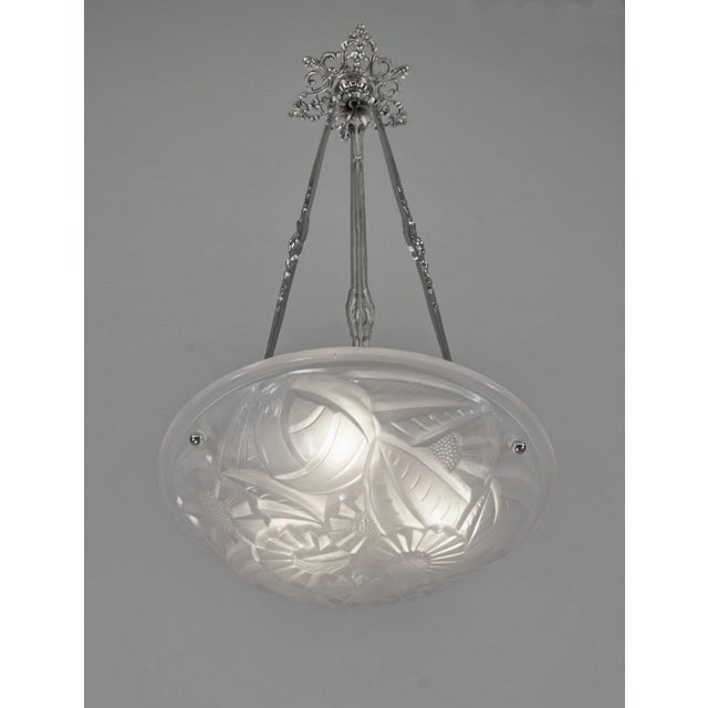 Degue French Art Deco Pendant Chandelier Circa 1930 - Frosted Glass & Nickeled Bronze For Sale - Image 6 of 10