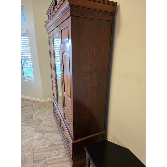 19th Century Victorian Burl Wood & Oak 3-Door Grand Wardrobe Armoire With Mirror For Sale - Image 4 of 12