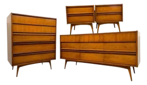 Vintage Mid-Century Modern 4-Piece Bedroom Set - 9-Drawer Lowboy Dresser, Tall Highboy Dresser & Pair of Nightstands