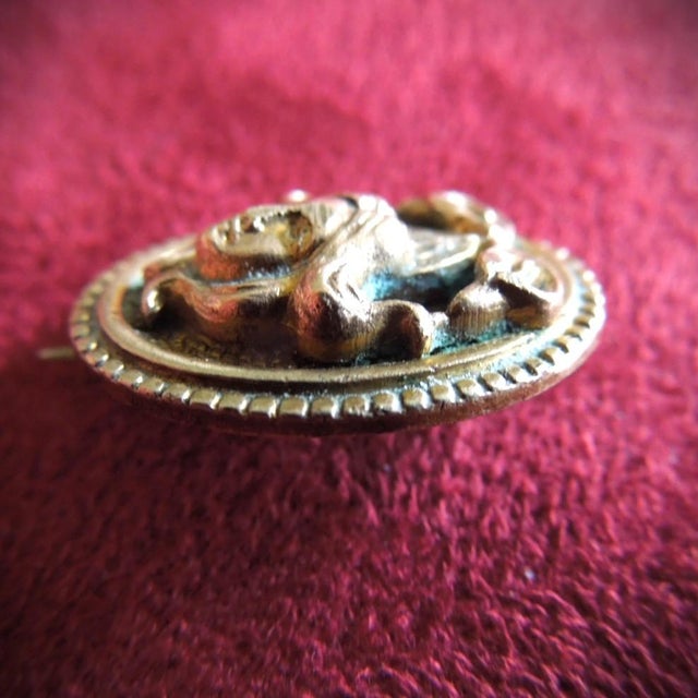 Antique Gold Art Nouveau Oval Lady Lapel Pin With Bow For Sale - Image 9 of 11