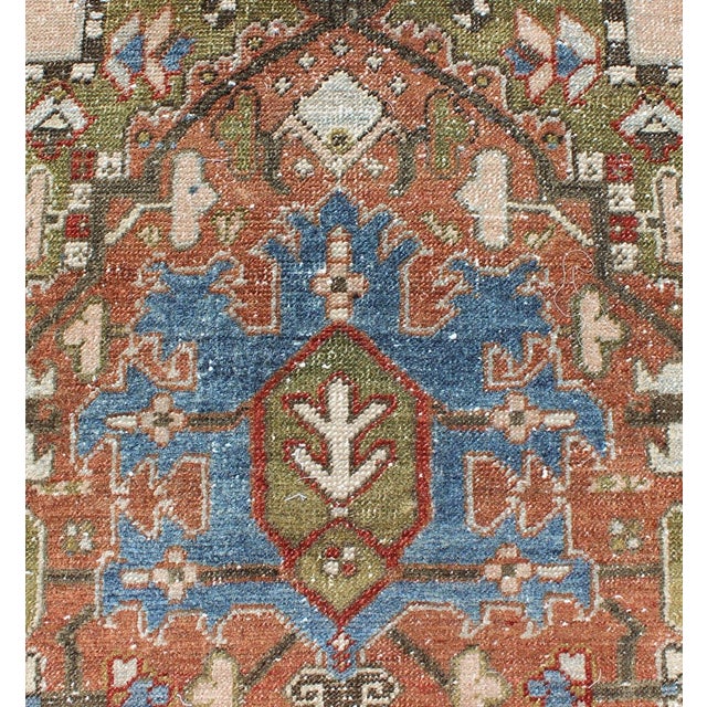 Antique Persian Heriz Runner With Geometric Medallion Design in Red, Olive, Blue 3'2"x11'7" For Sale In Atlanta - Image 6 of 11