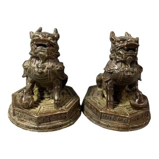 Pair of Bronze Qilin Statues – 2.8" Mythical Beast Figures on Octagonal Bagua Bases For Sale