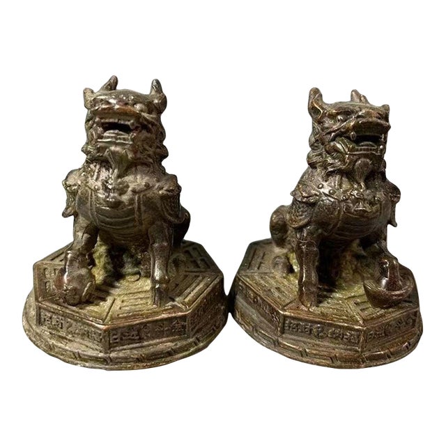 Pair of Bronze Qilin Statues – 2.8" Mythical Beast Figures on Octagonal Bagua Bases For Sale