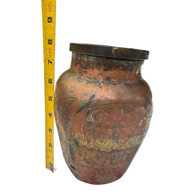 Antique Early 20th C Hand Etched Copper Vase Urn Primitive Tribal Vessel For Sale - Image 9 of 9
