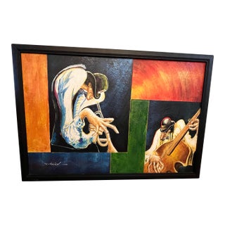 Vintage Expressionistic Mid 20th Century Oil Painting of Jazz Musicians Bass Fiddle, Trumpet Signed by Listed Artist M. Harold (1935-2012jAmerican For Sale