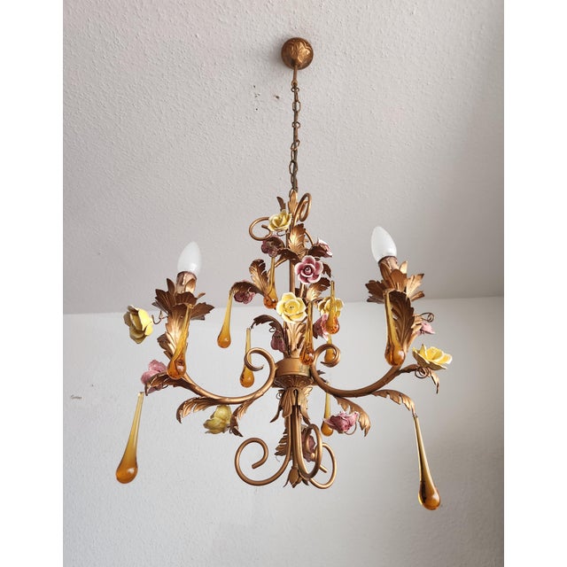 Beautiful venetian vintage chandelier, pendant lamp, ceiling lamp, shabby chic rose chandelier with handcrafted porcelain...