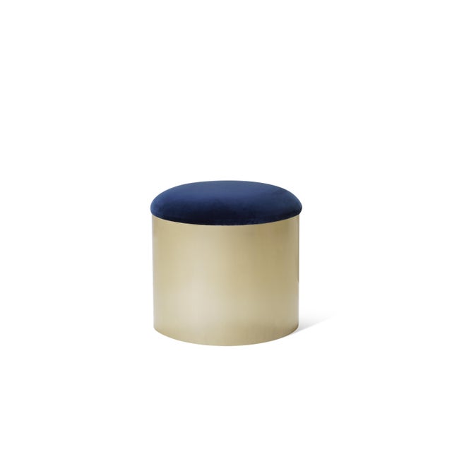Montage Brushed Brass “Mushroom” Pouf Ottoman in Navy Velvet by Montage For Sale - Image 4 of 6
