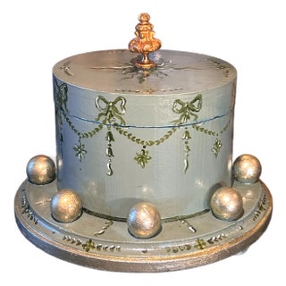 Mid 20th Century A Regency Style Handpainted & Gold Gilded Decorative Green Cylindrical Box With Velvet Interior For Sale