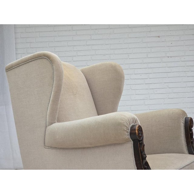 Danish Wingback Armchair in Velour and Carved Oak, 1950s For Sale - Image 12 of 18