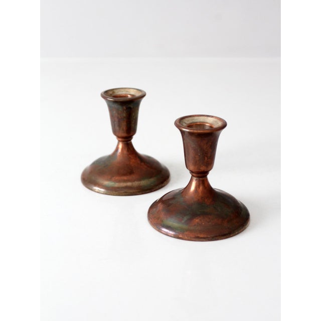 Metal Vintage International Silver Copper Finish Candlesticks Pair For Sale - Image 7 of 9