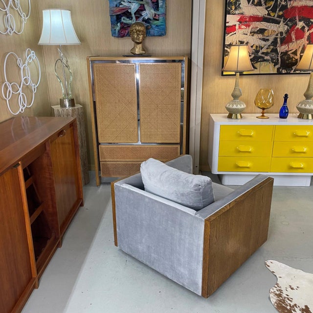 Restored 1970s Milo Baughman Style Gray Cube Chair With Wood Sides For Sale - Image 6 of 11
