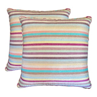 Vintage Raw Silk Toss Pillows in Colorful Stripes - A Pair For Sale