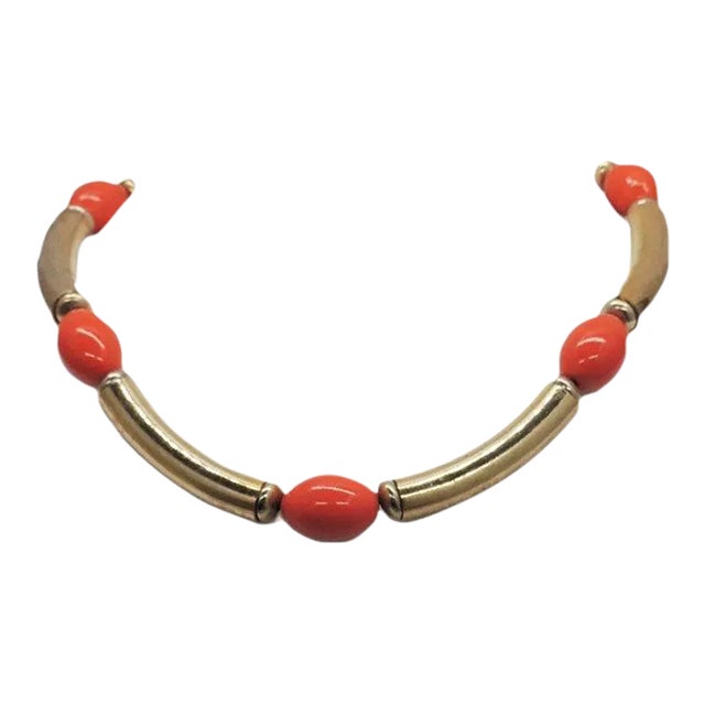 Vintage 1970s Signed Napier Goldtone & Orange Bead Necklace For Sale