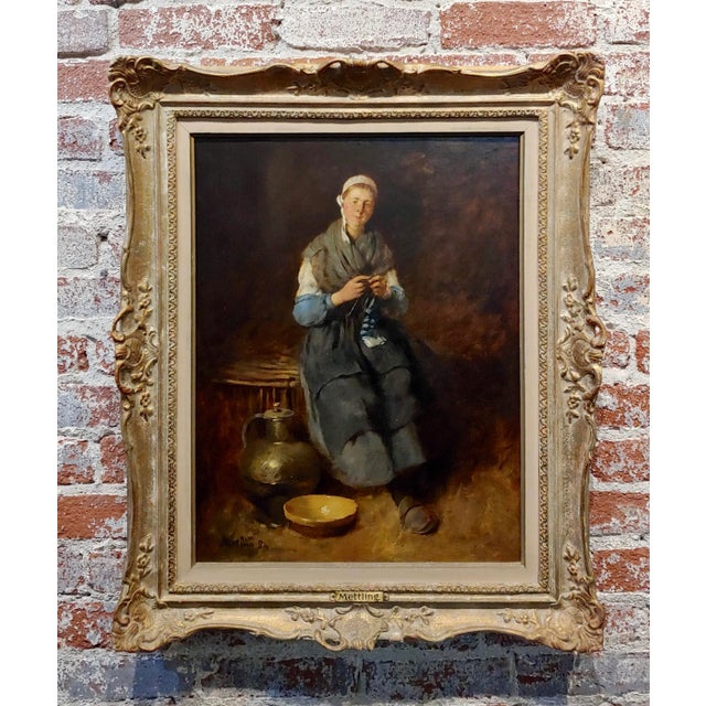 Louis Mettling - Young Woman Knitting -19th Century Genre Oil Painting For Sale - Image 10 of 10