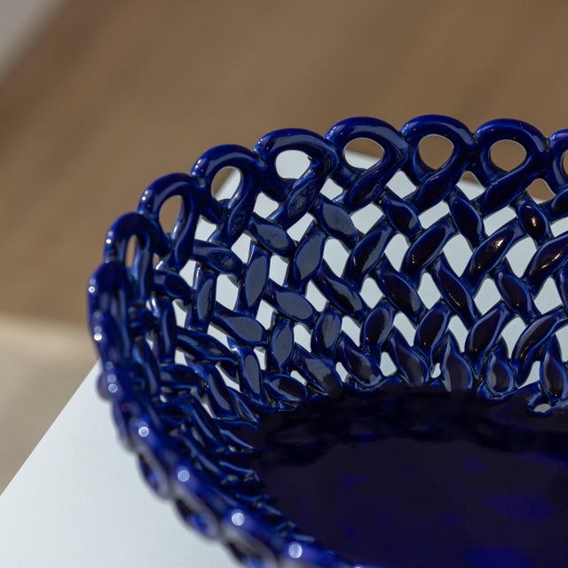 1970s Vintage Italian Cobalt Blue Woven Ceramic Centerpiece Basket - 12.5" For Sale - Image 5 of 7