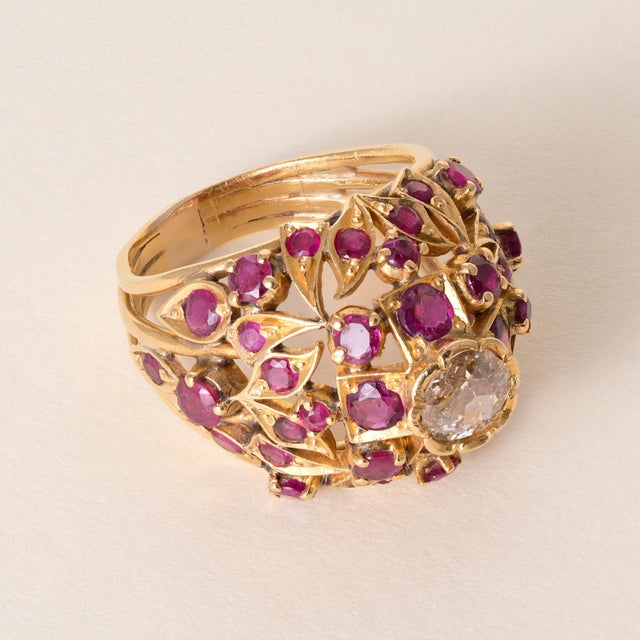 Old European cut diamond & Ruby Vintage Ruby & Diamond High Dome Cocktail Ring 21K Gold Circa 1950s A bold and romantic...
