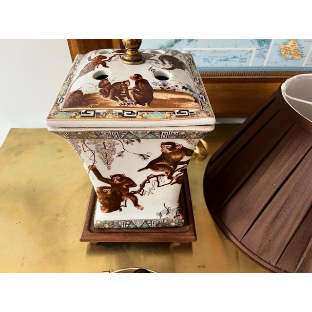 1950s Porcelain Monkeys Lamp & Shade For Sale - Image 12 of 18