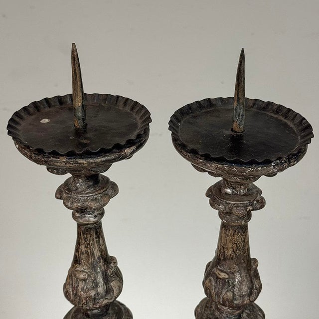 Wood Pair of 18th Century Italian Baroque Silver Gilded Candlesticks For Sale - Image 7 of 18