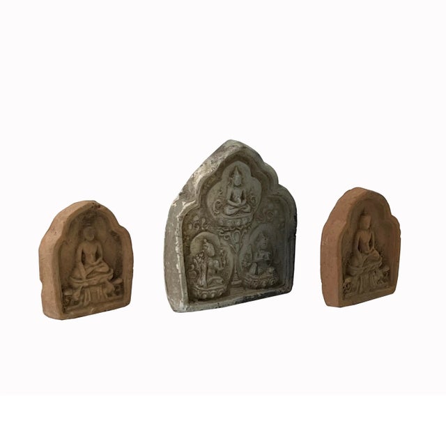 This is a set of 3 handmade Chinese accent decorative tabletop plaque display. It is made of clay with a relief motif of...