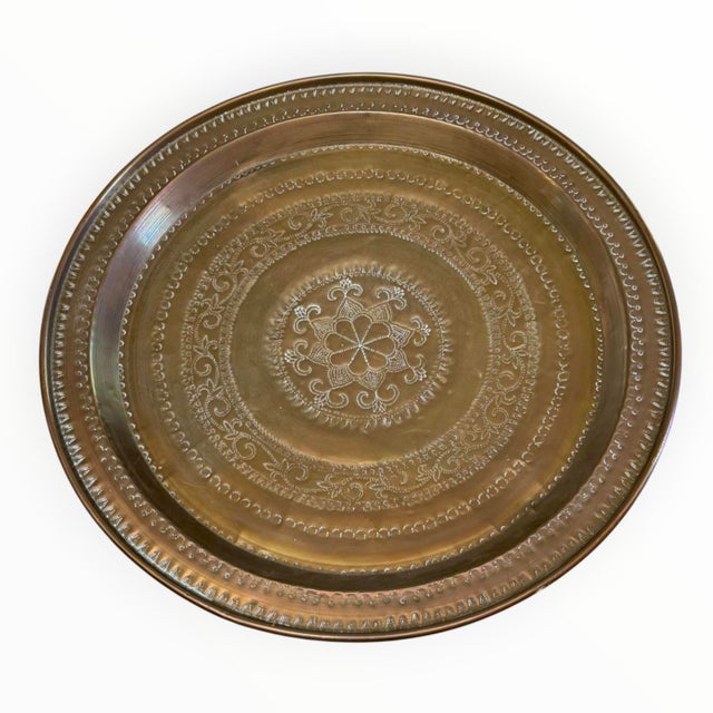 Moroccan Late 20th Century Large Hammered Brass Wall Platter – Ornate Floral Medallion Wall Decor - 22” For Sale - Image 3 of 10